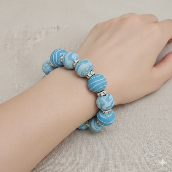 One-of-a-Kind Handmade Sky Blue Marbled Polymer Clay Bracelet - Picture 11 of 16